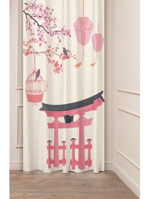 Greendecor Sakura Çiçek Kuş Bohem Japonya Bej Pembe Desenli Özel Tasarım Dijital Baskılı (Tek Kanat) Fon Perde