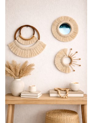 Marena Home El Yapımı Makrome Duvar Dekoru Seti 3'lü | Doğal Pamuk Ipli & Bohem Ahşap Detaylı Duvar Süsü