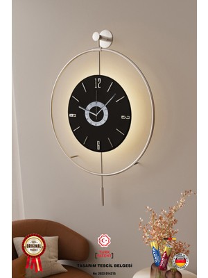 PremiumPort Büyük Boy Gümüş Siyah LED Göbekli Duvar Saati, 3 Pil Dahil