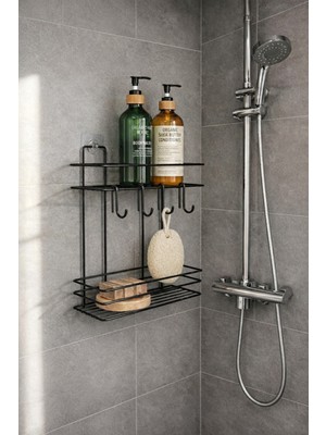 Sas Haus Lüks Siyah Metal 2 Katlı Banyo Rafı Şampuanlık ve Duş Rafı Askılı Yapışkanlı Duvara Monte Tş-02