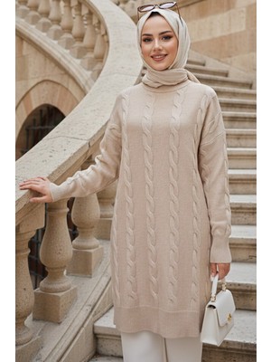 Neva Style Örgü Detaylı Bej Tesettür Triko Kazak 60051BEJ