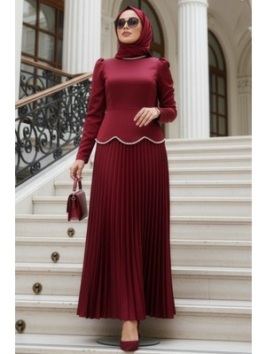 Saten Bordo Tesettür Abiye Elbise 5462BR