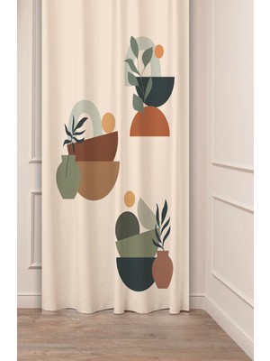 Greendecor Bohem Yaprak Vazo Sade Pastel Renkli Desenli Özel Tasarım Dijital Baskılı (Tek Kanat) Bej Fon Perde