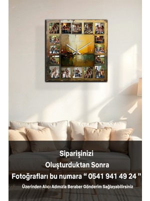 PremiumPort Kişiye Özel 12 Fotoğraflı Ahşap Duvar Saati, 40X40 cm