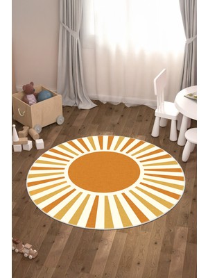 Nova Deco Güneş Desenli Sarı Yuvarlak Çocuk Odası Halısı Dijital Baskı Kaymaz Tabanlı Salon Halısı