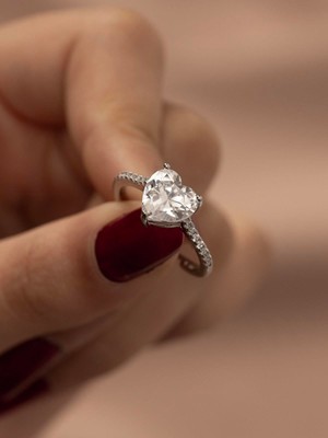 Xuping Kalp Tasarım Zirkon Taşlı Tektaş Gümüş , Gri Renk Ayarlanabilir Çelik Yüzük