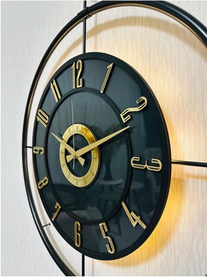 PremiumPort Modern Metal Camlı Büyük Duvar Saati, Işıklı, Gerçek Cam, Siyah-Füme-Gold