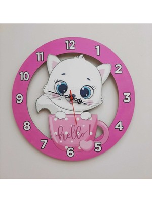 PremiumPort Sevimli Kedi Temalı Çocuk Odası Duvar Saati, Renkli ve Eğlenceli Tasarım