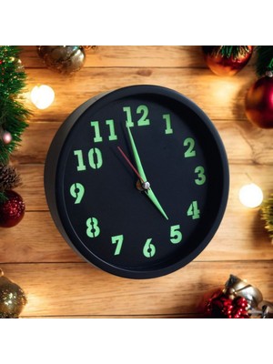 PremiumPort Fosforlu Mini Siyah Duvar Saati, Cam Yok, Çap 22 Cm, Şık Tasarım