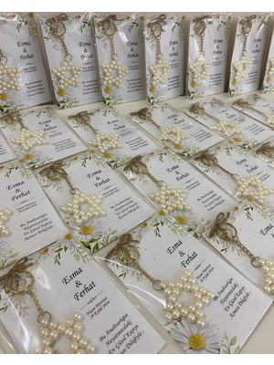 Siyah Lale Inci Yıldız Anahtarlık Bebek, Nikah, Söz, Nişan Hediyelik - 50 Adet