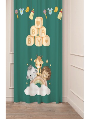 Greendecor Baby Sevimli Hayvan Desenli Özel Tasarım Dijital Baskılı (Tek Kanat) Çocuk Odası Modern Fon Perde