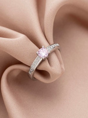 Xuping Pembe Zirkon Taşlı Tektaş Gümüş , Gri Renk Ayarlanabilir Çelik Yüzük