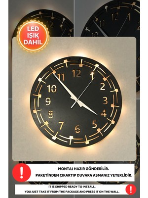 PremiumPort Modern Siyah Ahşap LED Işıklı Duvar Saati 40X40CM, Şık ve Sessiz Dekorasyon