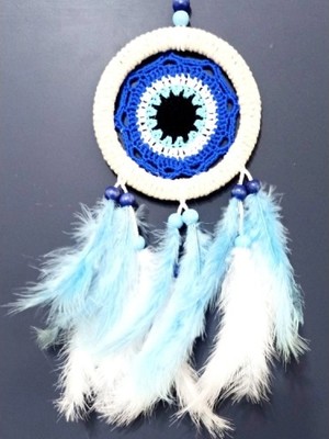 Nazar Boncuğu Motifli Bebe Mavisi ve Beyaz Kuş Tüylü Düş Kapanı Duvar Süsü