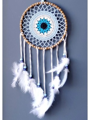 Nazar Boncuğu Motifli El Yapımı Buz Mavisi Renginde Düş Kapanı Duvar Süsü