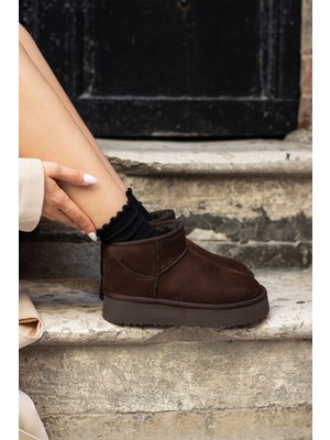 Favorispor Kadın Kalın Taban Içi Kürklü Acı Kahve Yarım Bot Kahve Süet