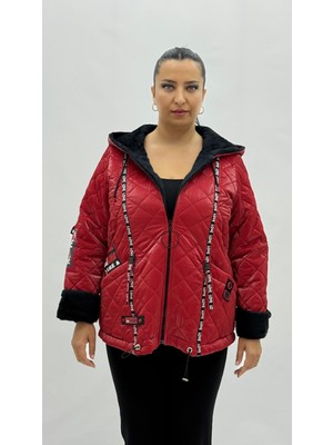 AlanyaXXL Büyük Beden Kapitone Cepli Fermuarlı Kapüşonlu Ipek Saten Uzun Kol Oversize Kadın Mont