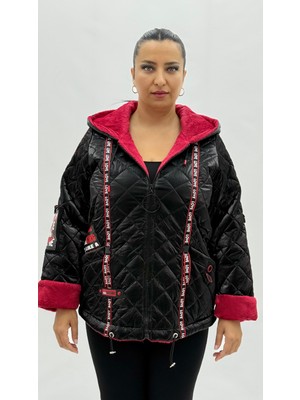 AlanyaXXL Büyük Beden Kapitone Cepli Fermuarlı Kapüşonlu Ipek Saten Uzun Kol Oversize Kadın Mont