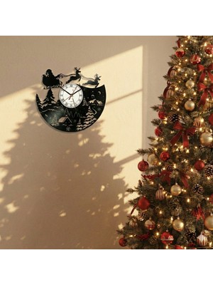 PremiumPort El Yapımı Yılbaşı Dekoratif Plak Saat, Noel Baba ve Geyik Temalı