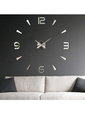 PremiumPort Büyük Boy 3D Türkçe Rakamlı Modern Duvar Saati Gümüş Renk