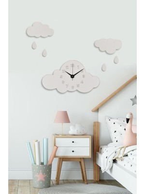 PremiumPort Ahşap Bulut ve Yağmur Damlası Çocuk Odası Duvar Saati