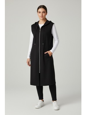 Ece Giyim Kadın Önü Fermuarlı Kapüşonlu Yandan Cepli Yırtmaçsız Spor Penye Yelek