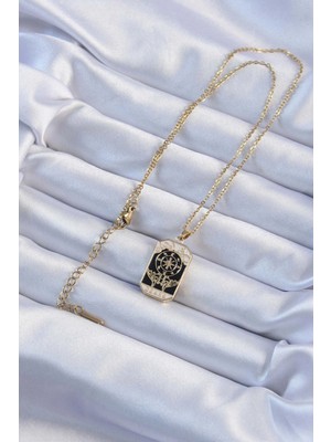 Eco Lounge 316L Çelik Zincir Altın Renk Işlemeli Siyah Mineli Tarot Kolye