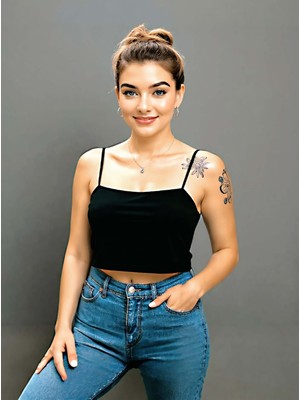 Sedirli Ince Askılı Crop Pamuklu Penye Kumaş Kadın Bluz Büstiyer