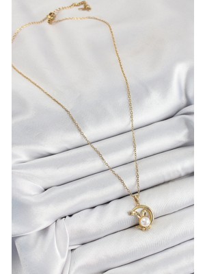 Eco Lounge 316L Çelik Inci Detaylı Hilal Tavşan Model Gold Renk Kadın Kolye