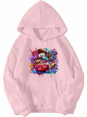 Brz Collection Unisex Oversize - Cars - Mcqueen & Tow Mater Best Friends Hoodie (Açık Pembe)