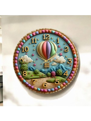 PremiumPort Renkli Desenli Ahşap Yılbaşı Duvar Saati, Uçan Balon Temalı, Şık Tasarım
