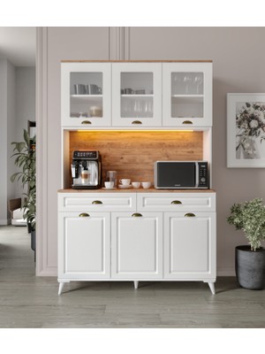 GuneyStore Gözde Kahve Köşesi - Ayaklı - 140 cm Komple Mdf Mutfak Dolabı - Çok Amaçlı Dolap - LED Aydınlatmalı