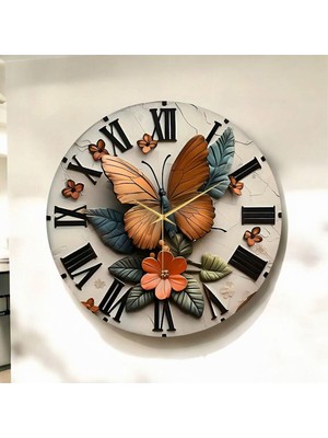PremiumPort Renkli Baskılı Kelebek ve Yaprak Desenli Ahşap Duvar Saati