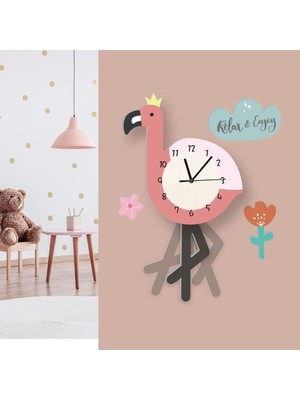 PremiumPort Renkli Flamingo Desenli Çocuk Odası Sallanan Duvar Saati