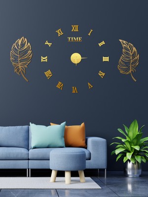 PremiumPort 3D Roma Rakamlı Altın Saat ve Yaprak Pano Seti, Şık ve Modern Dekor