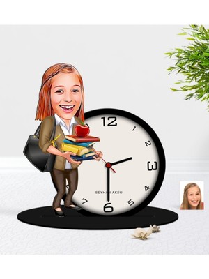 PremiumPort Kişiye Özel Bayan Öğretmen Karikatürlü Ahşap Masaüstü Biblo Saat