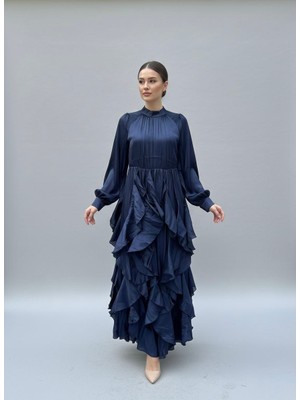 Rabiossa Kadın Volanlı Tasarım Saten Elbise