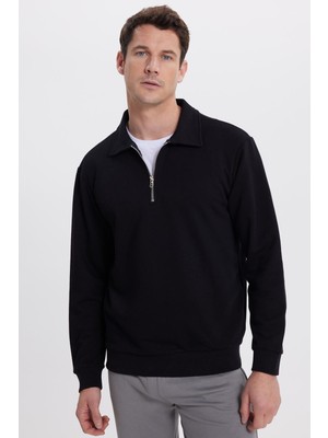Tudors Erkek Relax Fit Rahat Kesim Pamuklu 3 Iplik Fermuarlı Polo Yaka Siyah Sweatshirt