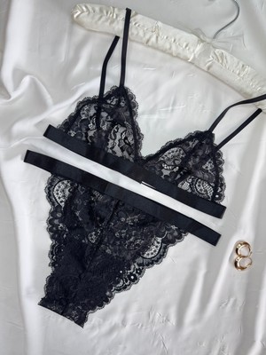 Rozenin Lingerie Siyah Parlak Bant Detaylı Dantelli Bralet Sütyen Takımı