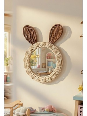 Marena Home Bambu Tavşan Kulaklı Çocuk Odası Duvar Aynası, 22 cm – El Yapımı Bebek Odası Doğal Rattan Dekor