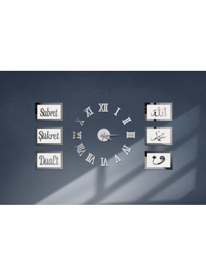PremiumPort 3D Roma Rakamlı Saat ve Sabret Şükret Dua Et Pano Set (Beyazgümüş)