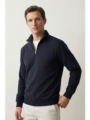 elemge Pamuklu Erkek Sweatshirt Lacivert Soft Touch Relax Fit Yarım Fermuarlı Dik Yaka 3 Iplik Nefes Alan