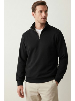 elemge Pamuklu Erkek Sweatshirt Siyah Soft Touch Relax Fit Yarım Fermuarlı Dik Yaka 3 Iplik Nefes Alan