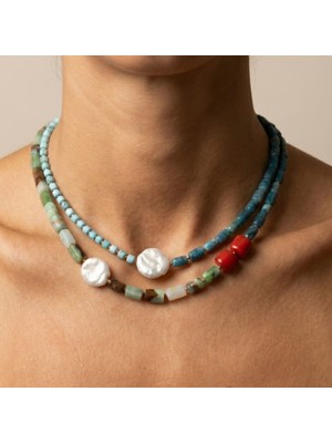THEIA GemWorks Twia — Apatit, Krizokol, Mercan, Barok İnci & Turkuaz İkili Kolye