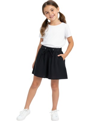 Çikoby Kız Çocuk Siyah Dokuma Şort – Bağcıklı, Lastikli Bel, Pamuklu Şık Günlük Şort