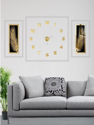 PremiumPort Modern 3 Parçalı Duvar Saati Seti, Akrilik Pleksi Aynalı Palmiye Yapraklar