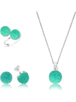 Fumeyabi Gümüş Yeşil Kristal Taşlı Bayan Set