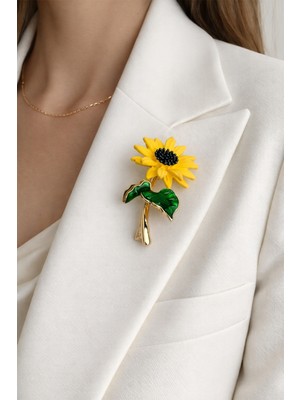 Modex Altın Rengi Yaprak Detay Sarı Ay Çiçeği Broş (4cm)