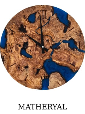 PremiumPort El Yapımı Mavi Epoksi Zeytin Ağacı Duvar Saati, 35 Cm, Sessiz Mekanizma