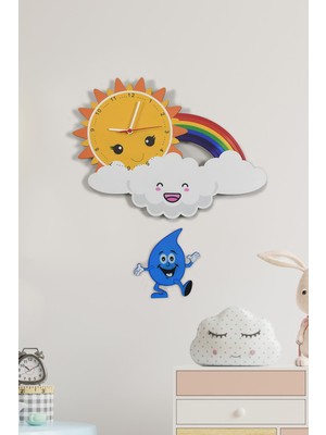 PremiumPort Sevimli Bulut ve Güneş Ahşap Çocuk Odası Duvar Saati